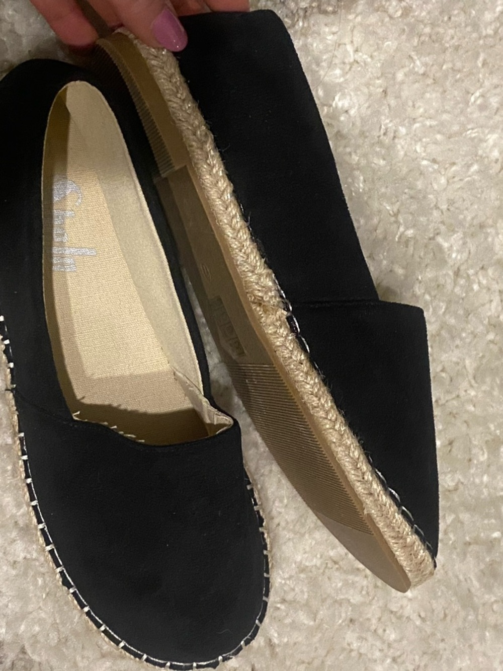 Black Espadrille-Style Slip-On Flats with Contrast Stitching